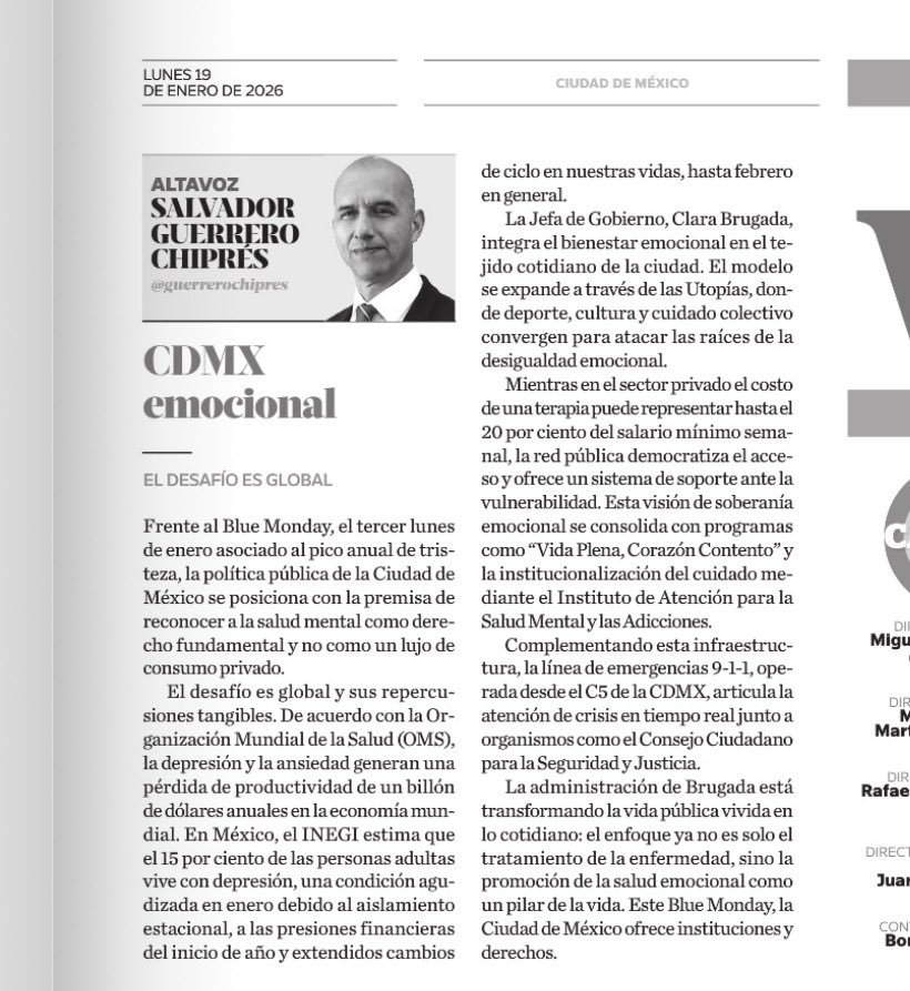 Hoy es el #BlueMonday, y ante el desafío global de la #depresión, la capital nacional se posiciona con la premisa de la salud mental como un derecho. Desde el <a href="/C5_CDMX/">C5 CDMX</a> acompañamos esta visión de soberanía emocional con atención a crisis y emergencias 
Mi columna #Altavoz en