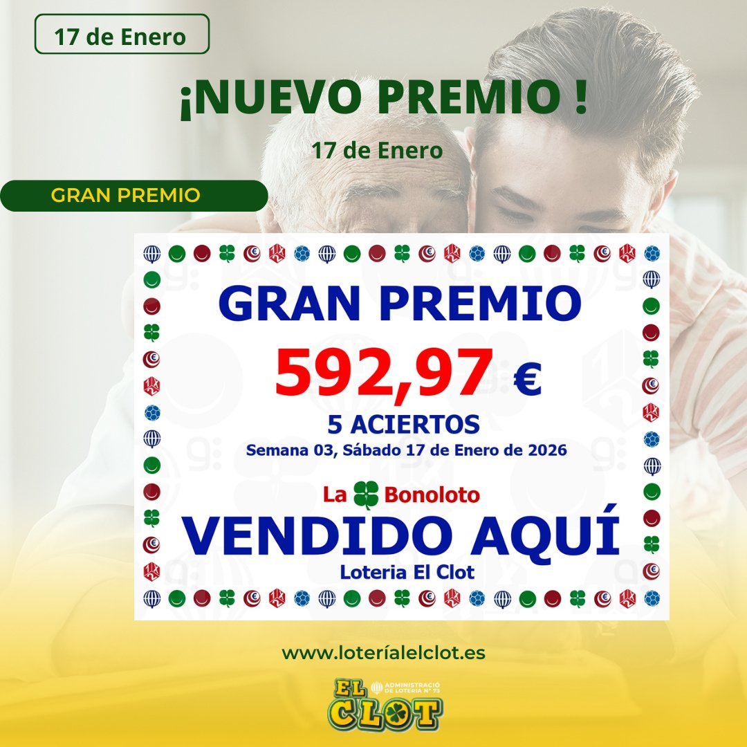 🎉 ¡Nuevo premio en Lotería El Clot! 🎉
🟢 5 aciertos en la Bonoloto del sábado 17 de enero
En Lotería El Clot – Administración Nº 73 de Barcelona seguimos sumando alegrías.
Hoy celebramos un premio de 5 aciertos en la Bonoloto, del sorteo del sábado 17 de enero