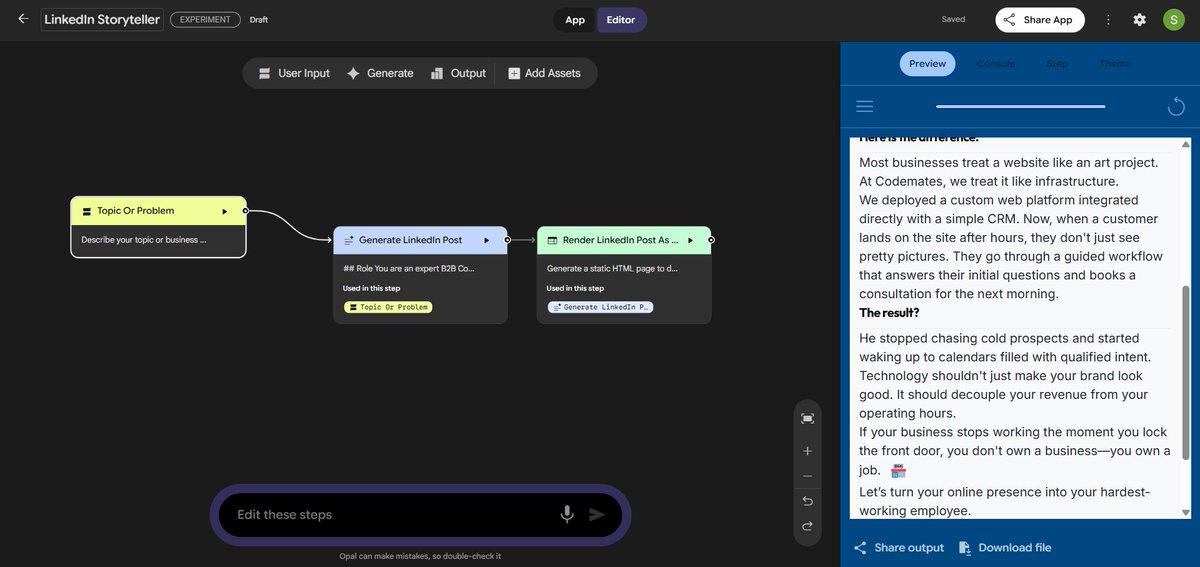 ShrinivasN17892's tweet photo. Just tried Google Opal for the first time and I'm blown away! 🚀

Building AI-powered automation for @codematesltd  without writing a single line of code. What used to take hours now happens in minutes.

Turned plain English into working workflows that handle our content creation and client outreach. The visual editor makes it incredibly intuitive.

This is what no-code AI automation should feel like - fast, powerful, and actually useful.

If you're running a business and not automating yet, you're leaving money on the table. 💰

#GoogleOpal #AIAutomation #NoCode #ProductivityHacks #AI #TechTools #WorkflowAutomation #Automation #BuildInPublic #StartupTools #AITools2026 #GeminiAI