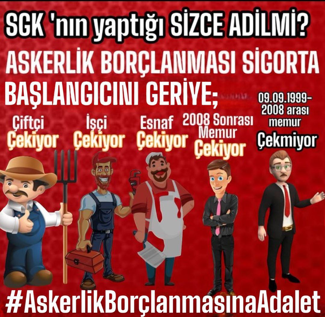 <a href="/ahmetesmer2121/">Ahmet ESMER</a> Polis asker ve memurlar olarak diyoruzki <a href="/sgksosyalmedya/">SGK</a> ASKERLİK BORÇLANMASINDA Memurları genelgeyle mağdur etti 
Sn. Devlet büyüklerimiz bu mağduriyet ne kadar daha devam edecek 
#AskerlikBorçlanması na Adalet istiyoruz.
<a href="/RTErdogan/">Recep Tayyip Erdoğan</a> 
<a href="/csgbakanligi/">T.C. Çalışma ve Sosyal Güvenlik Bakanlığı</a> 
<a href="/resulkurt34/">Doç. Dr. Resul Kurt</a> 
<a href="/MhpTbmmGrubu/">MHP TBMM Grubu #MHP</a>