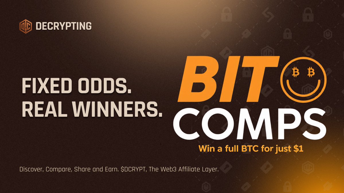 Decrypting_xyz's tweet image. Think of it this way.

Lotteries and prediction markets have changing odds and millions of players.

You never really know your chances.

We are partnered with @BitComps because they are different.

There’s a fixed number of tickets, fixed odds, and one clear winner.

You know…