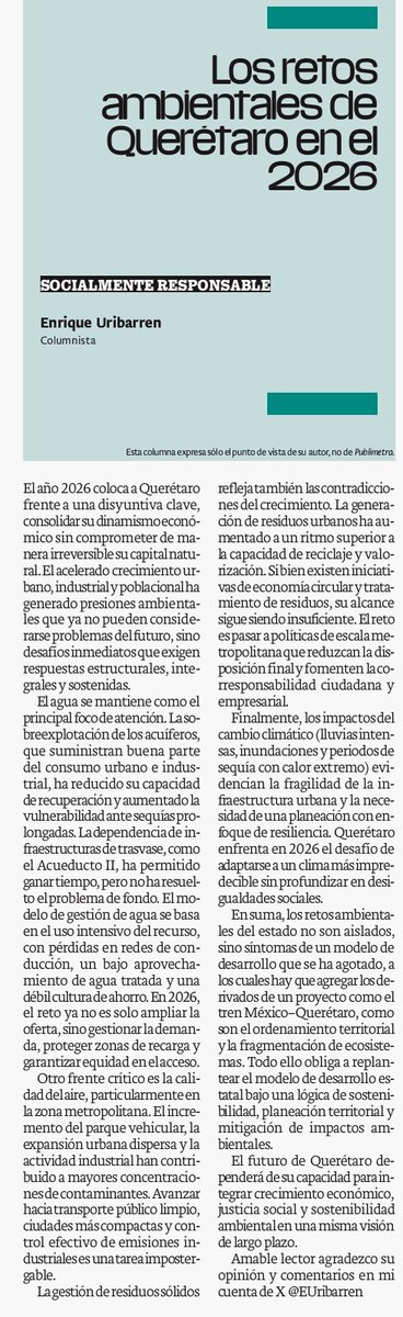 Estimados todos, ¡excelente inicio de semana!

Les comparto mi colaboración quincenal para <a href="/PublimetroQro/">Publimetro Querétaro</a>, en esta ocasión sobre los retos ambientales que tenemos en este 2026.

Los temas ambientales están íntimamente ligados a la calidad de vida.
Saludos
#Querétaro