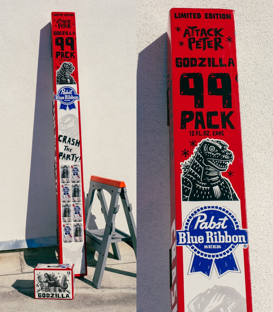 DiscussingFilm's tweet image. PBR and Toho have teamed up to release a Godzilla-sized 99 pack of beer