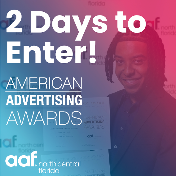 aafncfl's tweet photo. 2 days left to enter the 2026 AAF-NCFL American Advertising Awards! If you're an advertising professional or student in the Tallahassee, Gainesville, or Ocala area, this is the competition for you! Submissions are due Wed. Jan. 21. Links in bio. #aaf #aafncfl #WinAnADDY https://t.co/F2yI5PUEtF