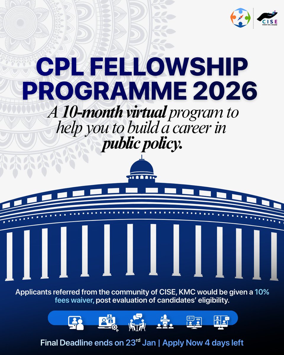 CPLFellows's tweet photo. 4 Days Left!
Join the 10-month virtual program by Citizens for Public Leadership (CPL) and build your career in public policy! 
📅 Application Deadline: January 23, 2026
Get a 10% fee waiver if referred by CISE, KMC community
Apply here - https://t.co/cysXvc5weH https://t.co/OORe9DWviR