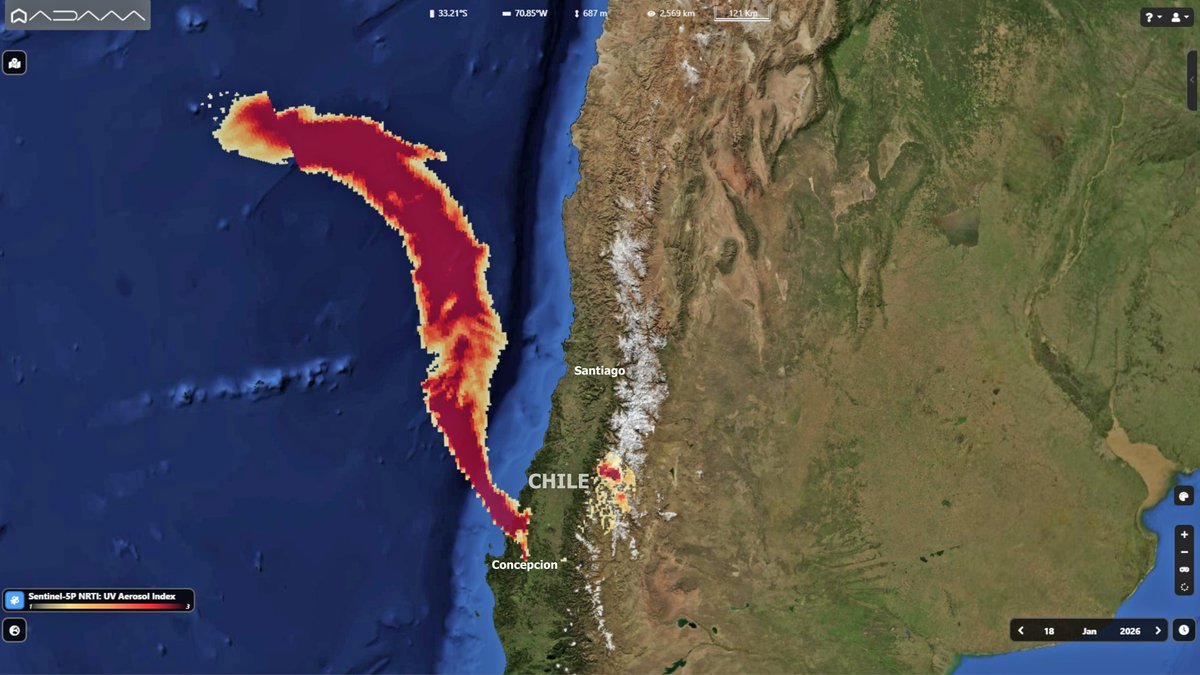#Chile has declared a state of catastrophe as #wildfires killed already 18 people. 
The #Copernicus #Sentinel5P Aerosol Index map shows a huge smoke plume of more than 1200 km, fueled by strong winds and extreme heat. #ClimateEmergency #incendioforestales
