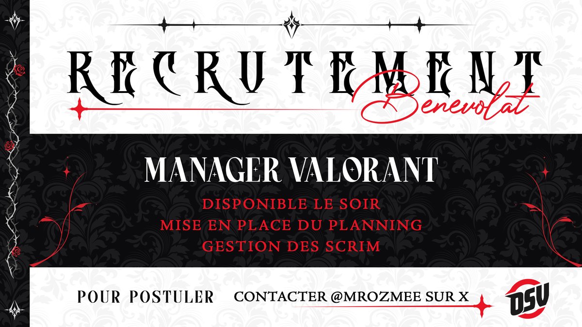 Prêts à aider notre nouvelle équipe #Valorant ? 🤔

Nous recherchons un Manager qui saura gérer notre planning et s'occuper des Scrims ! 😍

📩 Contactez <a href="/MrOzmee/">OSV Ozmee</a> pour plus d'informations !
#OSVWIN