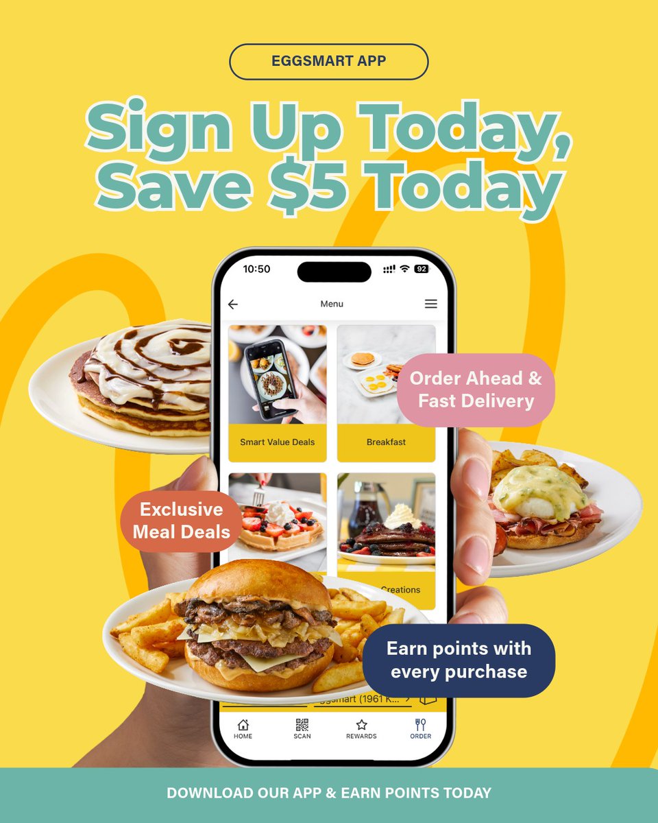 EggsmartCAN's tweet photo. Your breakfast just got smarter 👀
✔️ $5 OFF instantly
✔️ Earn points with every bite 
✔️ Redeem points for dollars off (up to $10 OFF)
✔️ Unlock exclusive app-only deals like BOGO 🥚🍳

Learn more: https://t.co/7dBEgKkyTW
.
.
.
#EggsmartApp #LoyaltyProgram #BreakfastDeals https://t.co/yEktOYGUdU