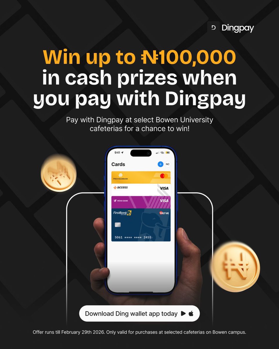 Stand a chance to win up to N100,000 when you pay with Dingpay. 

Simply add your card or account to the Ding Wallet app and make payment at Jubilee Cafeteria or Forza Food Hub.

How to win
1.⁠ ⁠Download or update the Ding Wallet app on your phone
2.⁠ ⁠Add Dingpay account or