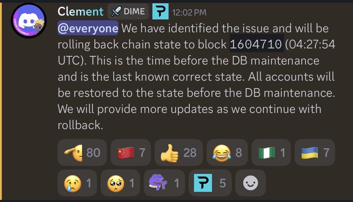 solana_daily's tweet image. 🚨 @paradex, a @Starknet - based perpetual DEX, announced a chain rollback to block 1,604,710 following a database migration error.
The issue briefly pushed Bitcoin’s displayed price to zero, triggering mass liquidations before the rollback was executed.