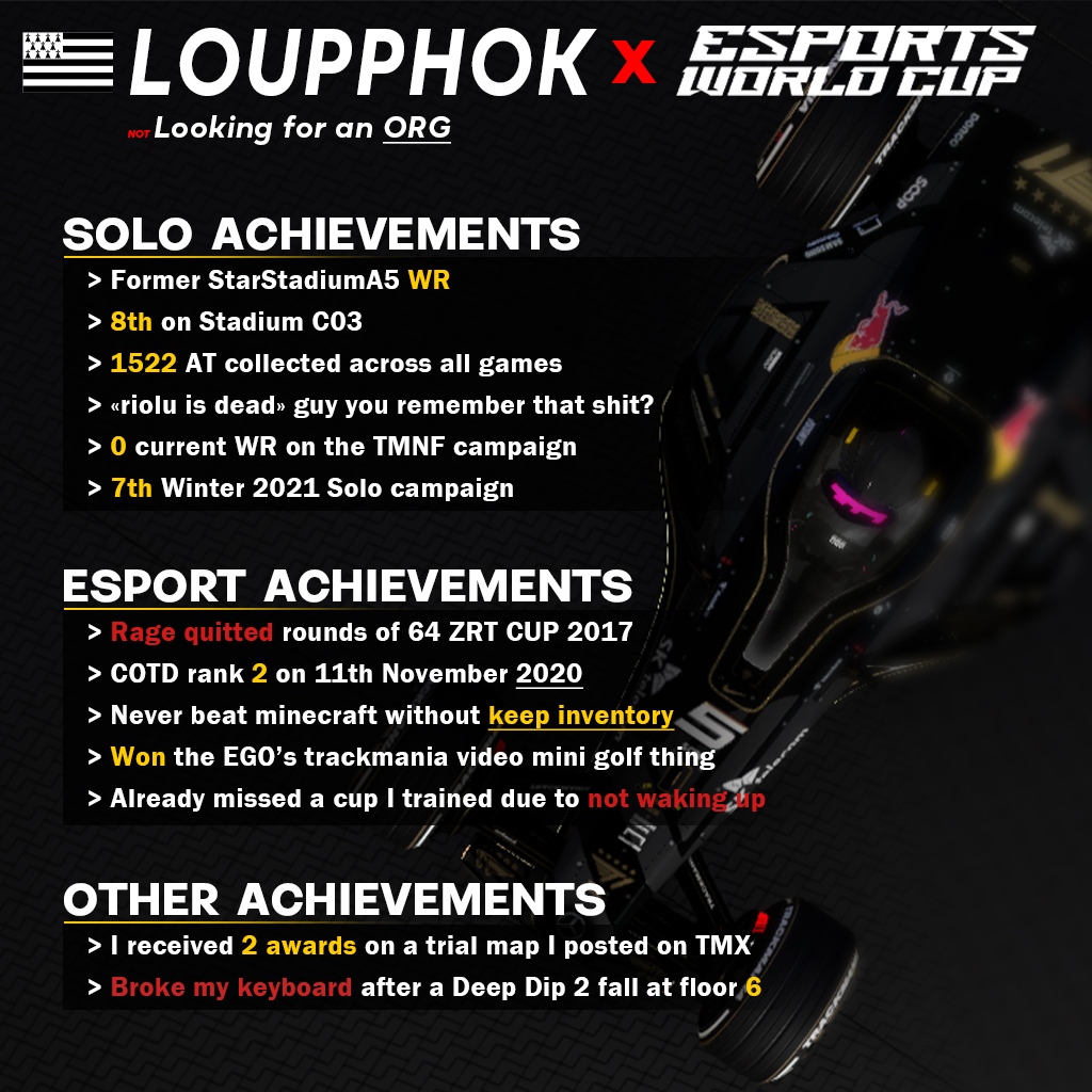 Hello everyone: New year new me

You heard the news right? <a href="/Trackmania/">Trackmania</a> is participating to the ESPORTS WORLD CUP 2026!

With this in mind, I am (NOT) looking for an org of the HIGHEST RANKS! (Because I am lazy and not really an esport player screw that)

RT HIGHLY appreciated!!!