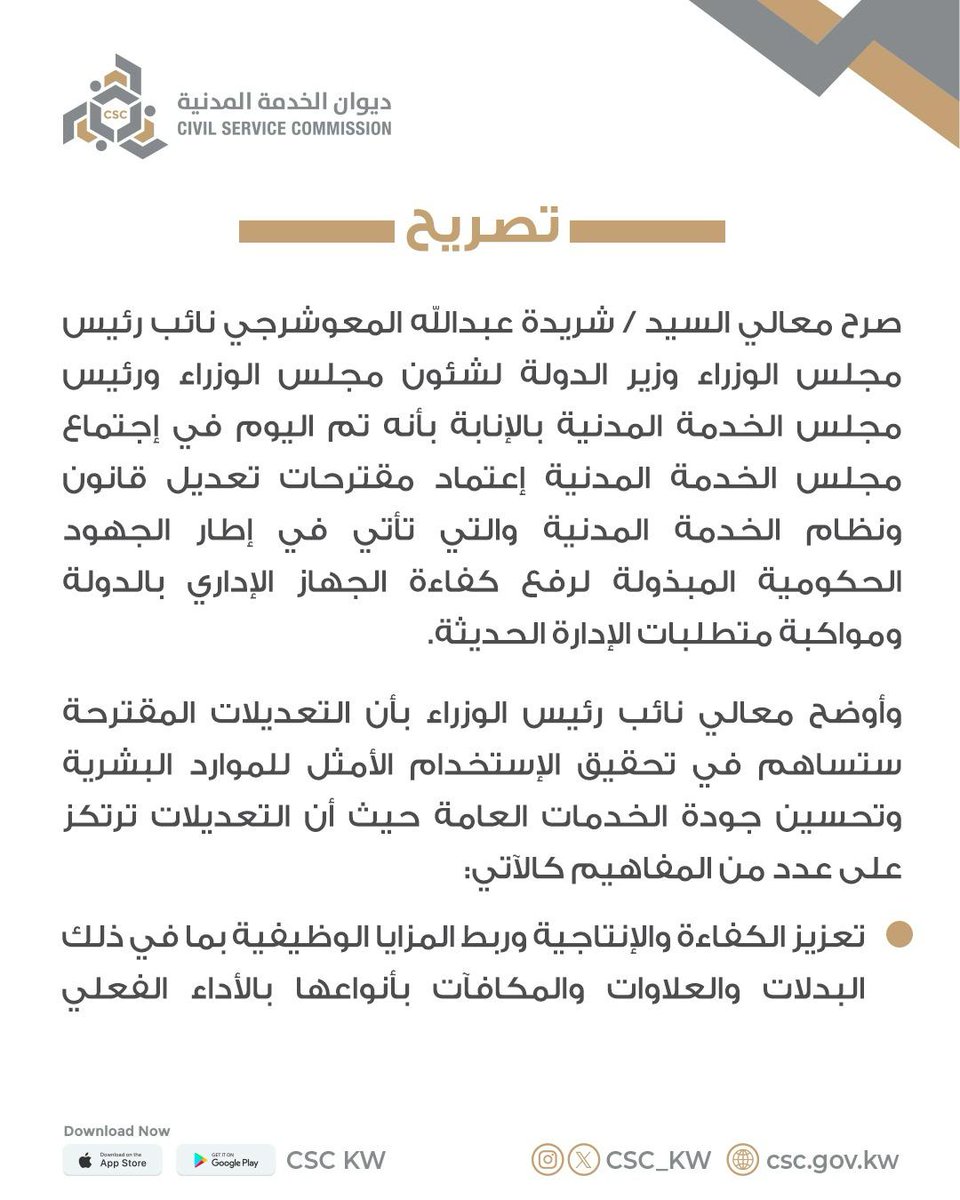 a5bar__kwt's tweet photo. ديوان الخدمة المدنية... تصريح نائب رئيس مجلس الوزراء وزير الدولة لشئون مجلس الوزراء ورئيس مجلس الخدمة المدنية بالإنابة شريدة المعوشرجي 

. تعزيز الكفاءه والانتاجية وربط المزايا الوظيفية بما في ذلك البدلات والعلاوات والمكافأت بأنواعها بالأداء الفعلي.

. ترسيخ العداله الوظيفية وتكافؤ الفرص

. تعزيز الرقابة والمساءلة ورفع فاعلية المحاسبة الإدارية.

. توحيد السياسات العامة للتوظيف وضبط الاختلالات التنظيمية. 

#مجلس_الخدمة_المدنية
#الكويت