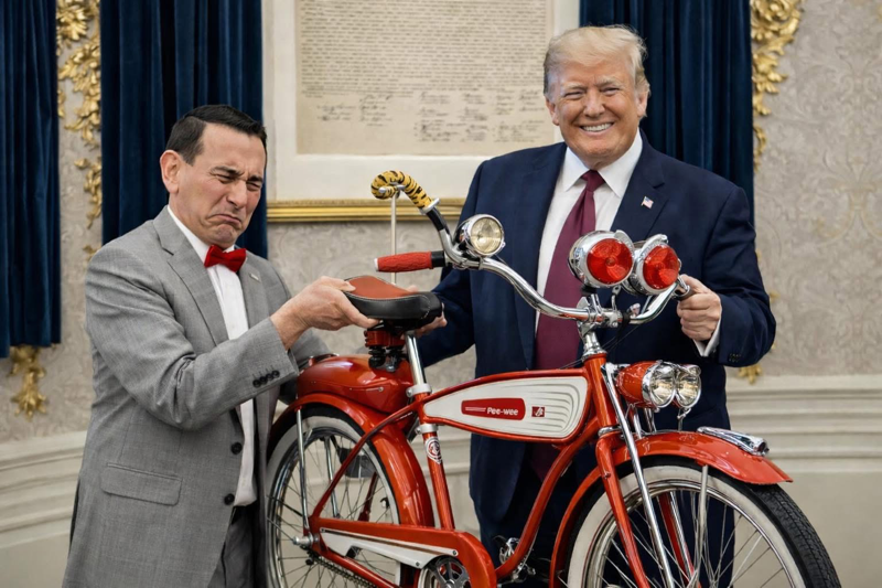 I hear that Trump has changed the name of "Pee-Wee's Playhouse" to "Trump's Playhouse" and named himself Chairman of the Board.  He has also graciously accepted Pee Wee's bike as a token of gratitude lol