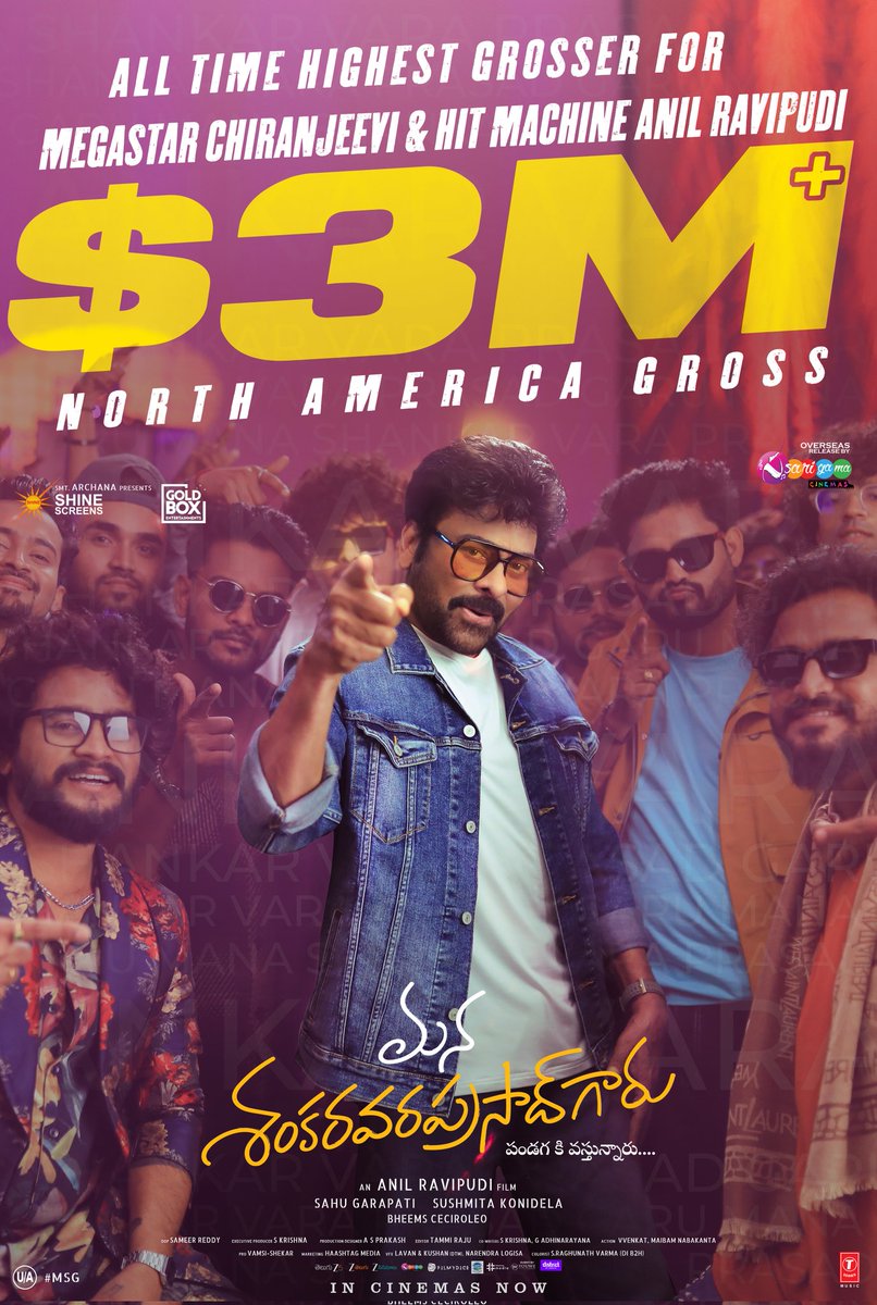 Seeing #ManaShankaraVaraPrasadGaru reach new heights every day is truly humbling ❤️😍

#MegaSankranthiBlockbusterMSG crossing $3M+ in North America fills my heart with pride and gratitude 🙏🏻

Grateful beyond words for the love USA audience shower on us every time 🫶🏻