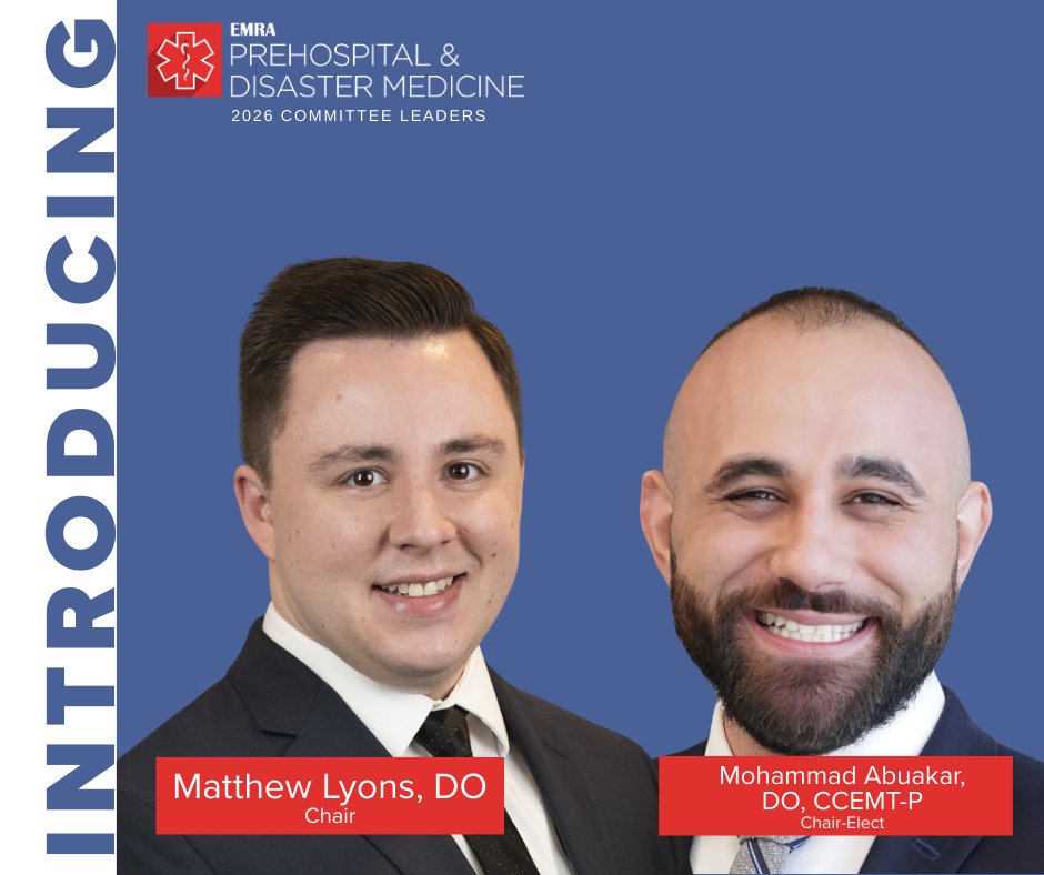 emresidents's tweet image. Congratulations to our 2026 Prehospital &amp;amp; Disaster Medicine Committee!

Bring your knowledge and skills to the front lines! Learn more about how to get involved: emra.org/be-involved/co…

#EMLeadership #EMRAFamily #DisasterMedicine #Prehospital