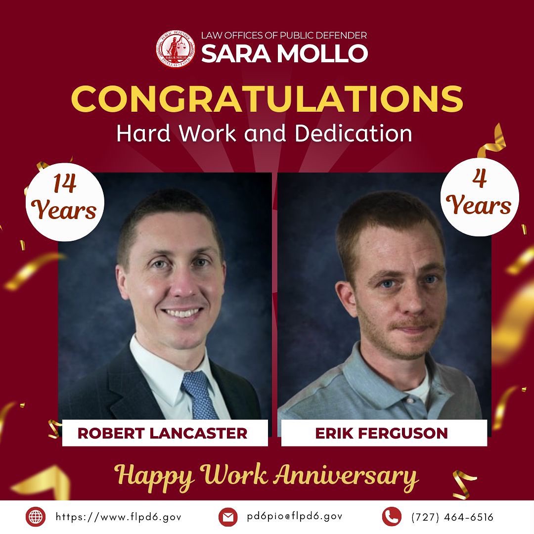 PD6SaraMollo's tweet image. 🎉 Today we proudly celebrate two work anniversaries at the Law Offices of Sara Mollo, Public Defender. Robert Lancaster marks an incredible 14 years of dedicated service, while Erik Ferguson celebrates 4 years with our office. 
#WorkAnniversary #TeamPD #Grateful #PD6SaraMollo