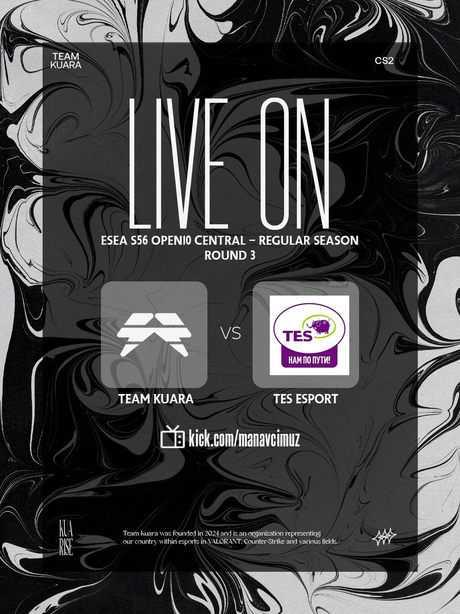 WE ARE LIVE! 🔴 

The match against TES ESPORT is starting now. Come support the team! #KUARISE

📺 Watch here: kick.com/manavcimuz
