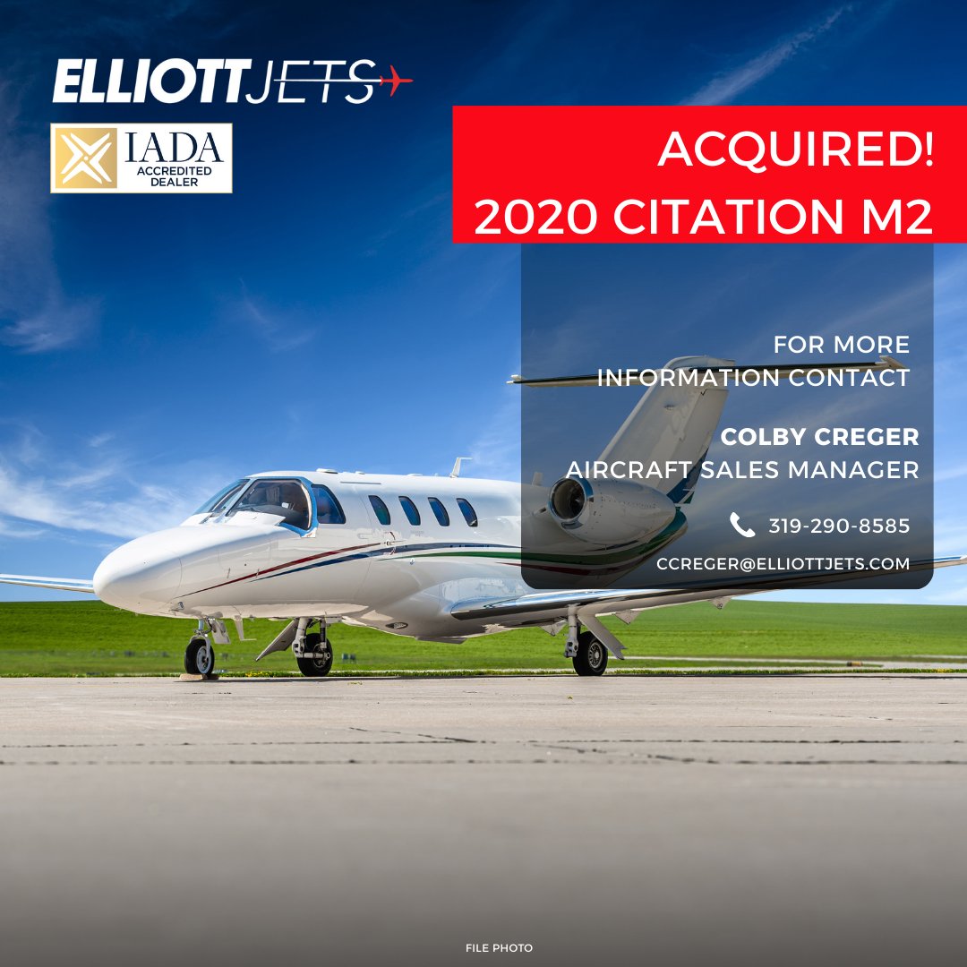ElliottJets's tweet photo. Another successful acquisition at Elliott Jets!

Aircraft Sales Manager Colby Creger recently helped a customer acquire a 2020 M2, navigating the market to secure the right aircraft at the right time.

Contact Colby directly at 319-290-8585 or ccreger@elliottjets.com https://t.co/caqyzUlJIL