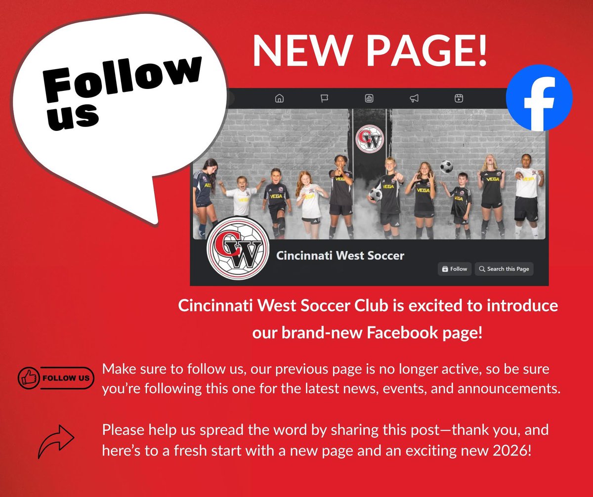 CincinnatiWest's tweet photo. ⚽ Follow Us!
This is the OFFICIAL Facebook page for Cincinnati West Soccer Club.

Our old page is no longer active. Please follow this page, share it, and help spread the word to teammates, families, and friends! https://t.co/lHdKQtJ9q2