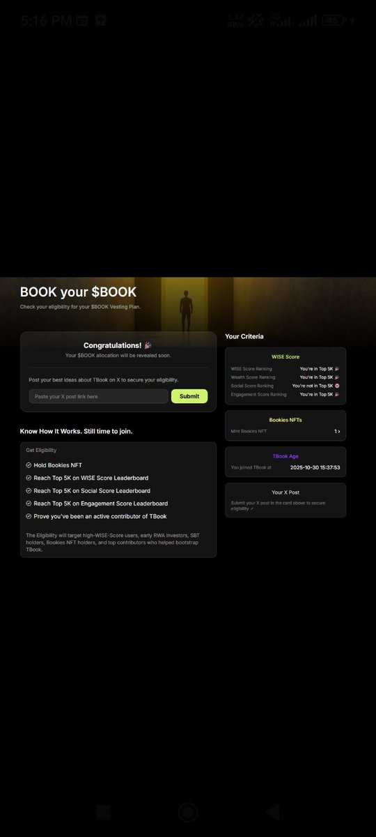HODLmasterOG's tweet photo. Eligibility of $BOOK is live you can check ✅ 
TBook TGE is coming sooner than expected this Q1 2026
Some Ideas that are coming to mind is implementing Auto-Compounding Vaults for TBook, this kind of Vaults are using advanced strategies and gas optimizations to maximize returns. https://t.co/h7IcBbHu2K