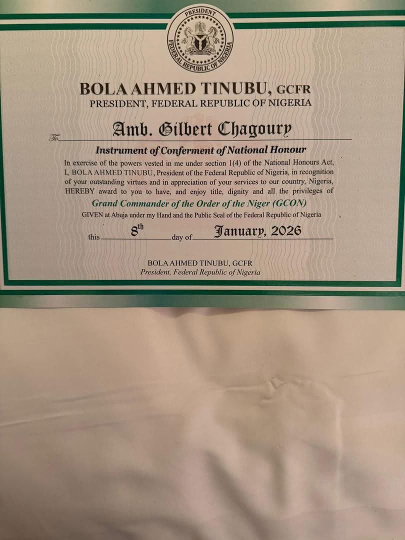 afrisagacity's tweet image. Tinubu (secretly) conferred a National Honour on his friend and long-time ally, Gilbert Chagoury, even when he was out of the country, in Abu Dhabi.

The award is dated 8th January, 2026 while Tinubu returned to Nigeria on the 17th. 

But the more important questions are; what