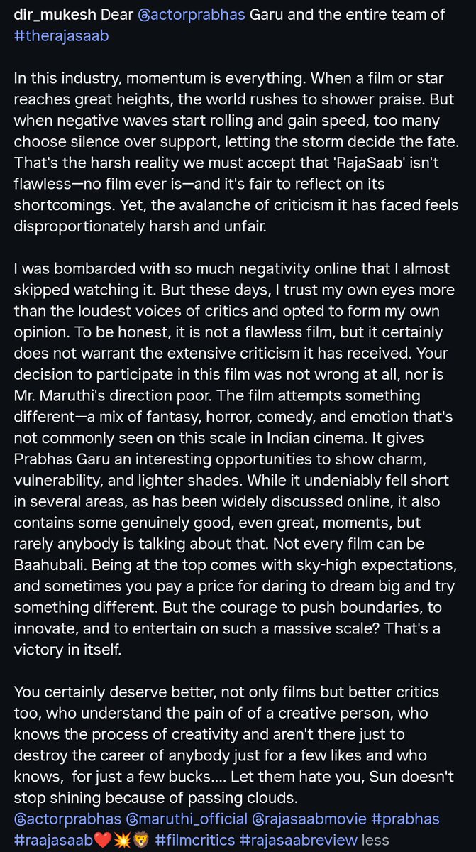 SShanthReddy's tweet photo. Each & Every Line @mukeshvachan Gaaru Spoke about #Prabhas 🙌❤️‍🔥

"#TheRajaSaab got unfairly buried under excessive hate despite having redeeming moments & daring creativity - #PrabhasRaju deserves kinder critics & audiences" 🥹

Sun doesn't stop shining because of Passing clouds. 🧎