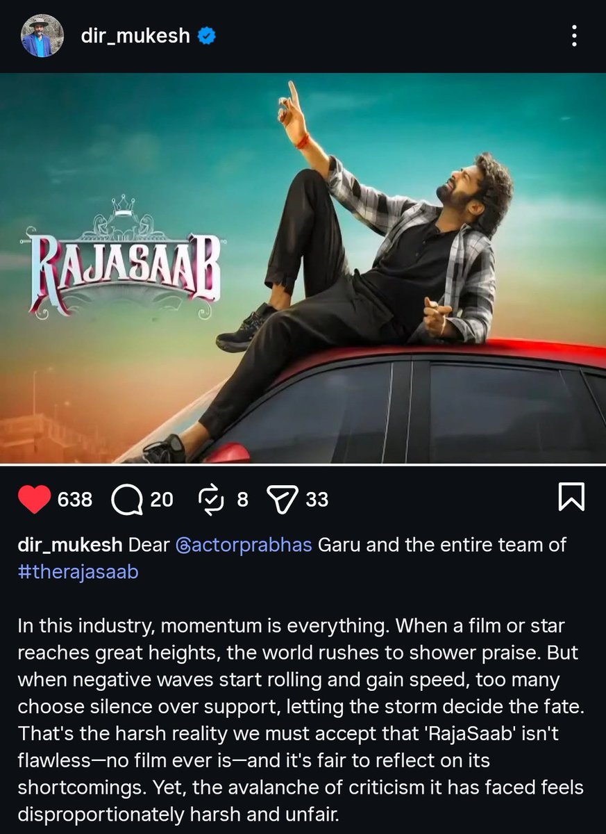 SShanthReddy's tweet photo. Each & Every Line @mukeshvachan Gaaru Spoke about #Prabhas 🙌❤️‍🔥

"#TheRajaSaab got unfairly buried under excessive hate despite having redeeming moments & daring creativity - #PrabhasRaju deserves kinder critics & audiences" 🥹

Sun doesn't stop shining because of Passing clouds. 🧎