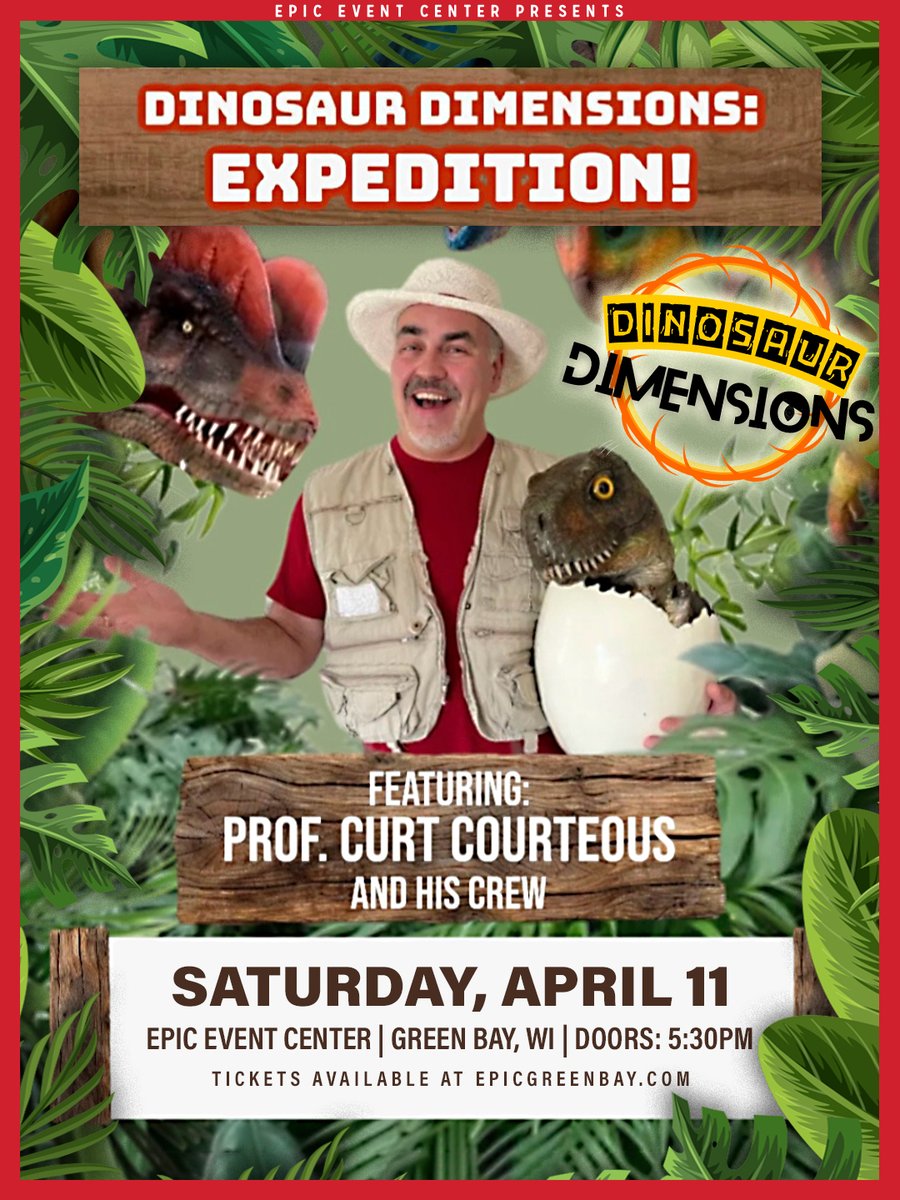 EPICGreenBay's tweet photo. ON SALE NOW 
Tickets are officially available for Dinosaur Dimensions at EPIC on 4/11!
This family-friendly show brings animatronic dinosaurs, colorful sets, &amp; an energetic storyline together for an experience kids will be talking about for a long time.🎟️ https://t.co/7r9Pndh4n2 https://t.co/eqcOybqZ68