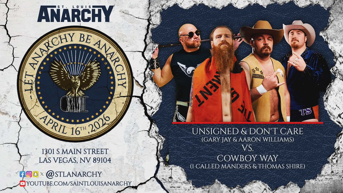 stlanarchy's tweet image. Match Announcement!!  Cowboy Way will battle Unsigned &amp;amp;Don't Care.  This match has years worth of Anarchy history in it.  This will be Shires first Anarchy appearance since losing the Gateway Heritage Championship.   🎟 are available at STLANARCHY.COM.