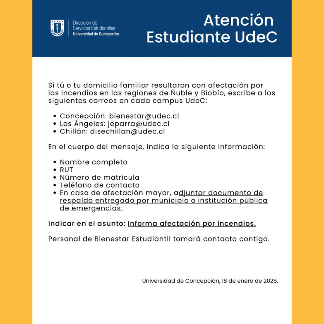 UniversidadesG9's tweet photo. #IncendiosForestales ⚠️ | Las #UniversidadesG9 informan sobre sus protocolos de apoyo para comunidades afectadas con catastros de estudiantes, llamados a voluntariado y campañas solidarias.

📢 Más info en los canales oficiales de @udeconcepcion, @ucscconcepcion y @usantamaria. https://t.co/HD7AjDgB1G