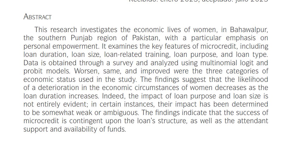 Soc_Rev_EcMund's tweet photo. Nuevo artículo en la REM              

📘From Exclusion to Empowerment: Assessing Microcredit Impact on Women's Economic Life Improvement  

De Ali Junaid Khan, Sana Fayyaz , Iza Gigauri, Subuhi Khan, Felix-Angel Popescu

📎https://t.co/yGh109rMpe https://t.co/jFZWDgBhkZ