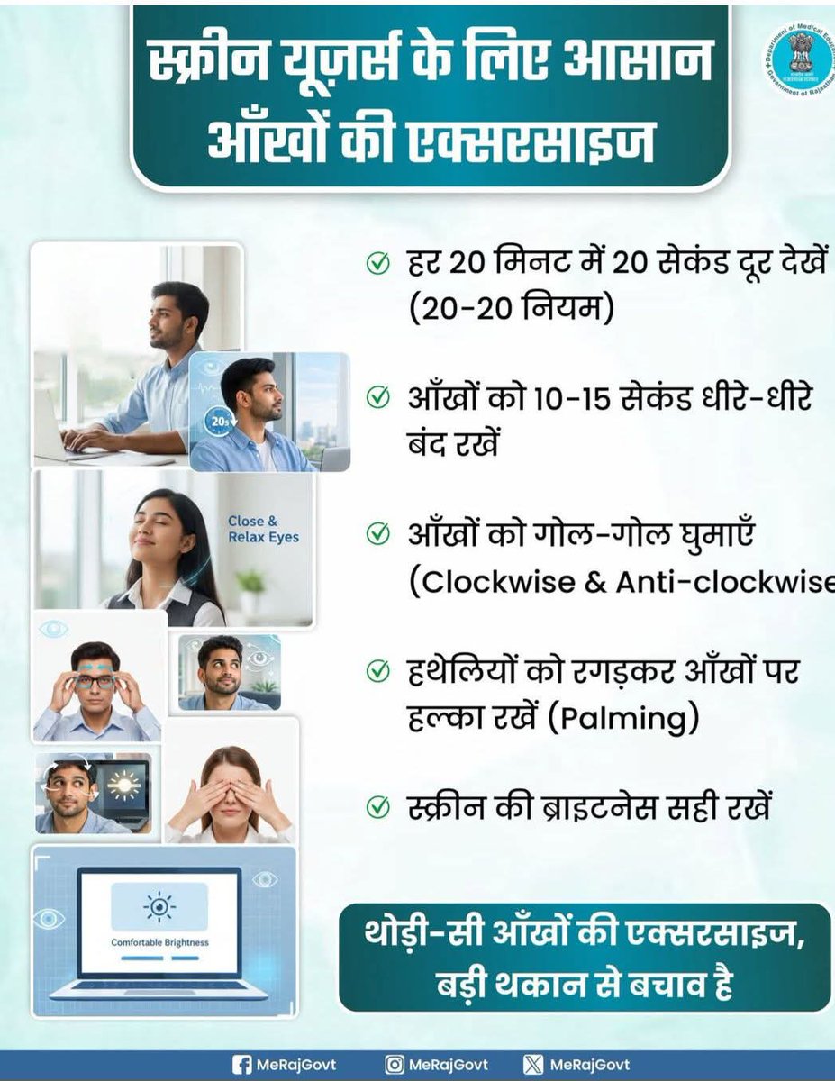 NhmBikaner's tweet image. 📱👀 ज़्यादा स्क्रीन टाइम से आँखों में थकान?
कुछ आसान आदतें अपनाएँ —
✅ हर 20 मिनट में 20 सेकंड दूर देखें (20-20 नियम)
✅ 10–15 सेकंड आँखें बंद कर आराम दें
✅ आँखों की हल्की एक्सरसाइज व पामिंग करें
✅ स्क्रीन की ब्राइटनेस संतुलित रखें

#HealthyBikaner #EyeCare #DigitalEyeStrain