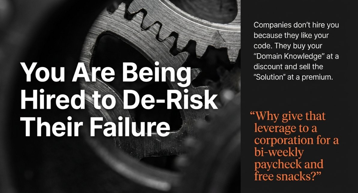 GN CT 🩷

In 2026, the $300k "Senior Dev" salary isn't a reward.

It’s a discount. 

Corporations aren't buying your React skills; they are buying your ability to de-risk their failure.

If you can solve the problem alone with AI, why are you still giving them the leverage? 

The