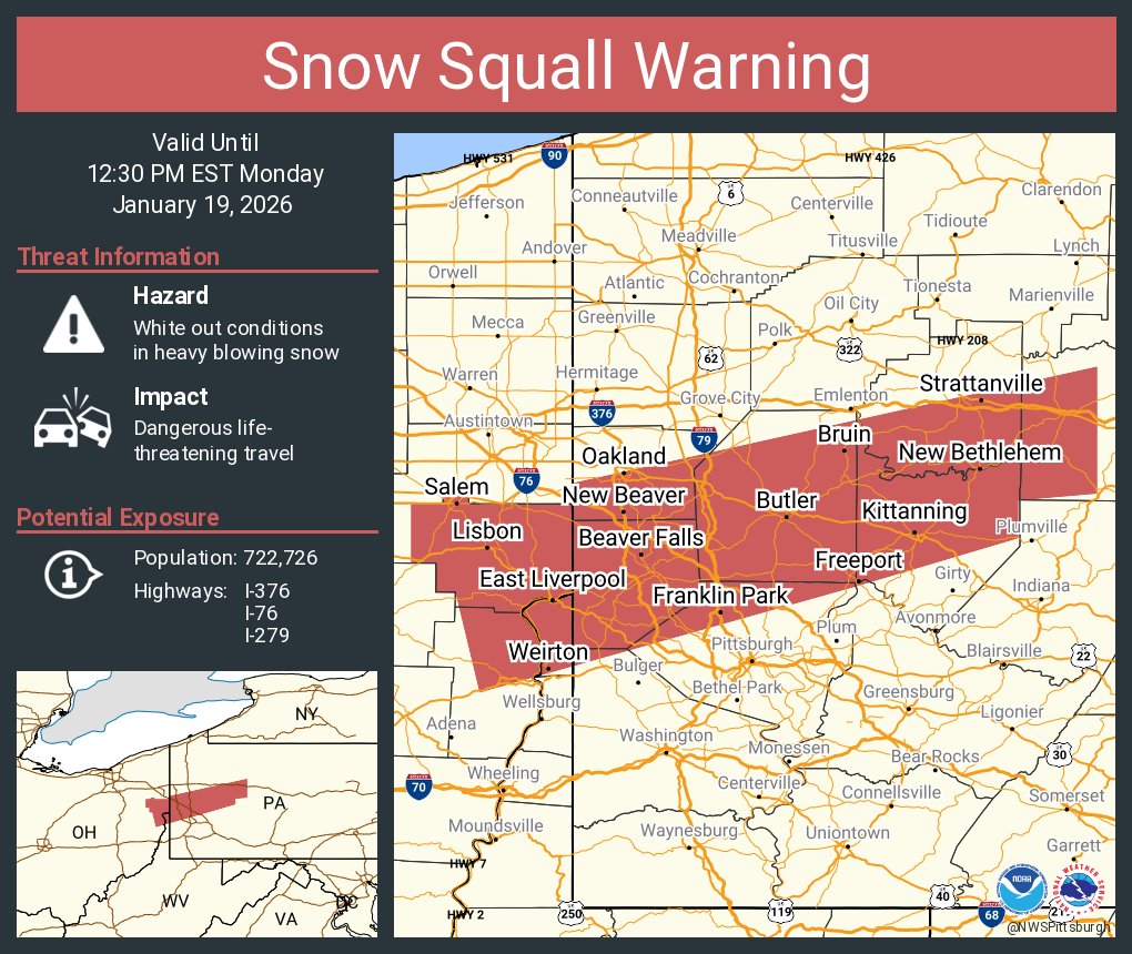 A snow squall warning is in effect until 12:30 PM EST for I-376, US-422 near New Castle, PA and I-76, I-79, I-279, I-376 near Pittsburgh, PA and I-80, US-322 near Brookville, PA and US-322 near Clarion, PA.