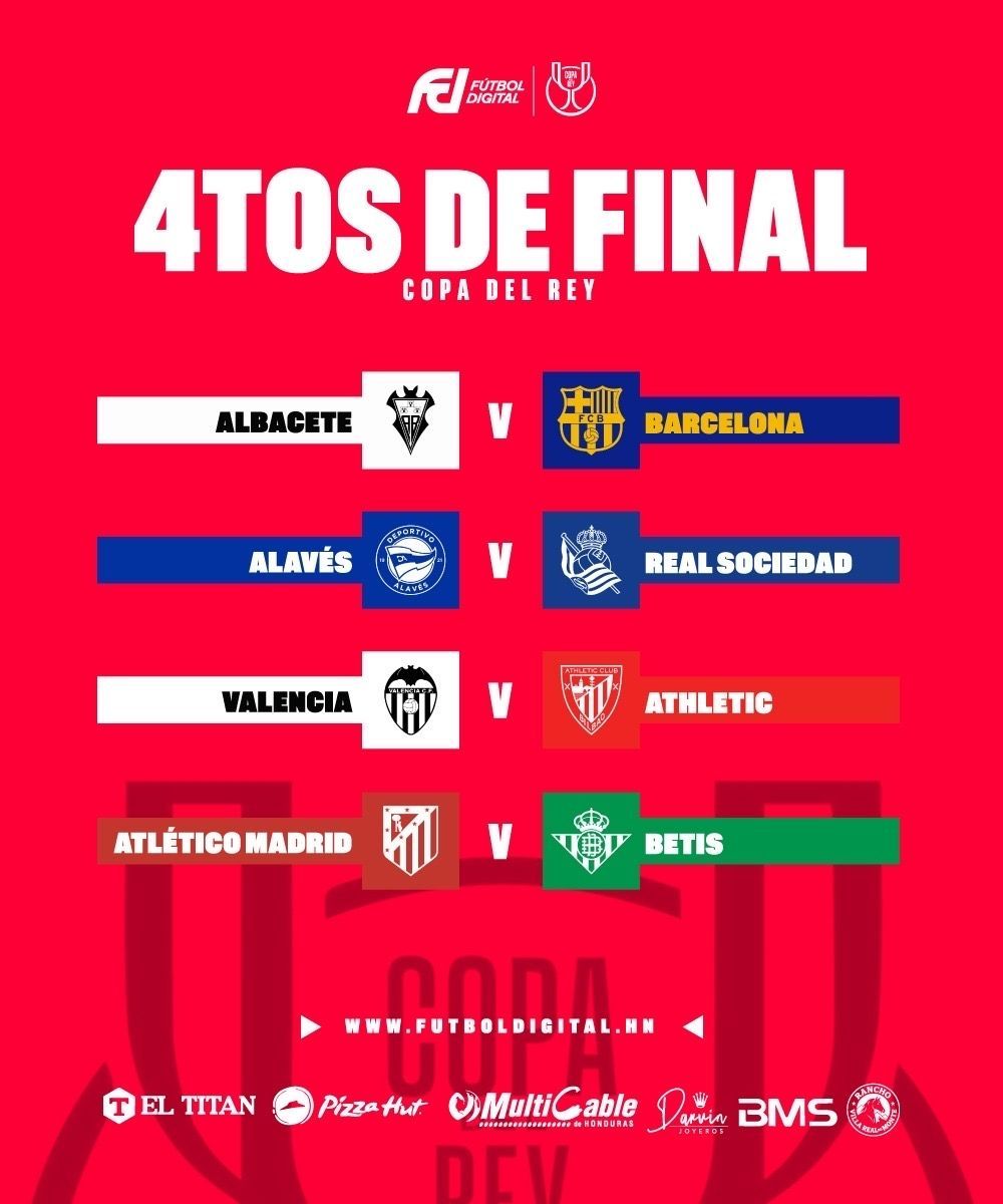 Definidos los cuartos de final de la copa de su majestad 🇪🇸 

Así quedaron los cruces para estas instancias de la 𝐂𝐨𝐩𝐚 𝐝𝐞𝐥 𝐑𝐞𝐲, cuatro equipo buscarán su boleto en próxima ronda. 🔜🏆