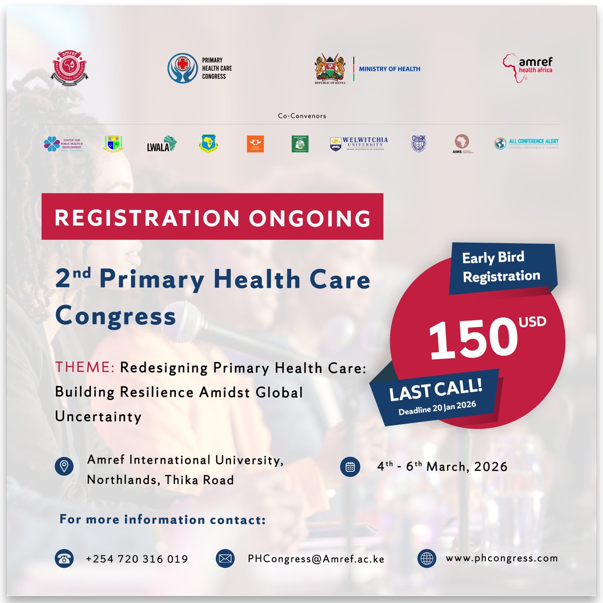 AmrefUniversity's tweet image. 🚨 Final Reminder!
Registration for the PHC Congress Early Bird tickets closes 20th Jan 2026.
Don’t miss the conversations shaping the future of Primary Health Care.
 
Register now 360.tnycc.pro/6pmq2630.

#PHCCongress2026 #PrimaryHealthCare #AMIU #AMIU4PHC #EarlyBirdTickets