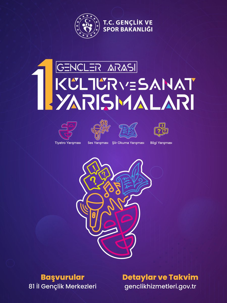 🎭 Gençler Arası Kültür ve Sanat Yarışmaları başlıyor!

🖋️ Şiir
🎤 Ses
🎭 Tiyatro
📚 Bilgi

Gençlerin yeteneklerini sergileyeceği bu heyecana sen de katıl!
📝 Başvurular Gençlik Merkezimizden yapılacaktır.