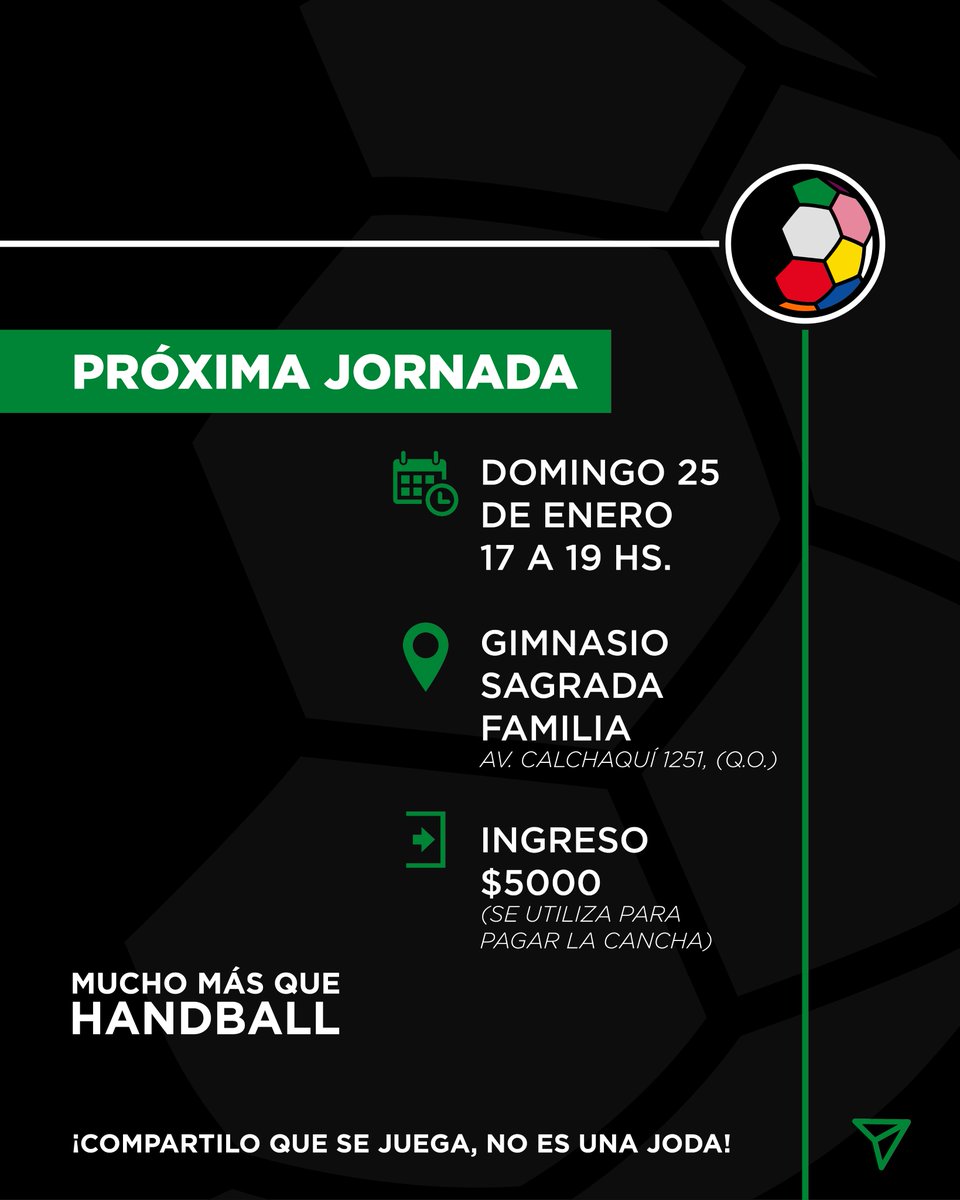¡EL VERANO LO LLENAMOS DE HANDBALL!

PRÓXIMA JORNADA:
📅 Domingo 25 de enero.
⏰ 17 a 19 hs. ¡*La jornada puede extenderse!

📍 Gimnasio Sagrada Familia
💲 *Ingreso: $5000**
_*Durante enero y febrero sumamos $1000 para reponer material y rearmar el botiquín_