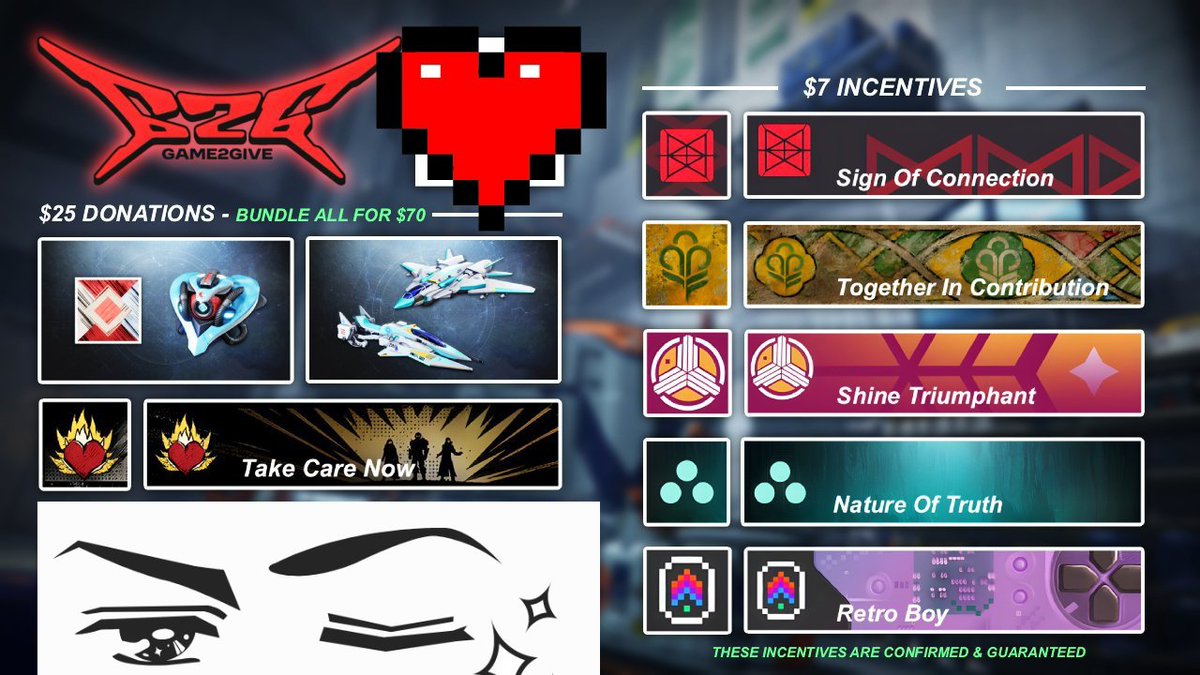 ThePro2J's tweet image. Cybernetic Bloom, Mors Certa, Hellspawn, oh my!!! Drop in and donate now to grab some awesome incentives provided by @BungieLove and I for the 2026 #Game2Give 

Whether you would like an emblem or new cosmetics for your guardian, all proceeds go to a spectacular cause

#Destiny2