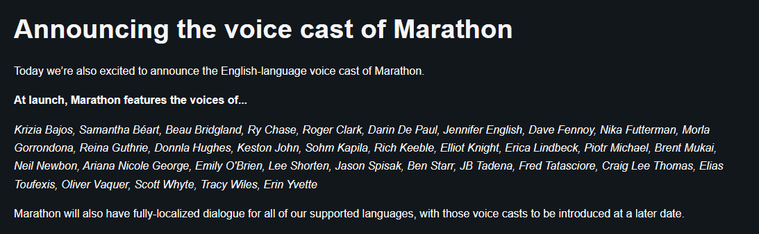 holy fucking Voice Talent... 
Jennifer, Neil and Sam from BG3
Ben Starr 
Fred Tatasciore
Erin Yvette
Dave Fennoy
Darin De Paul
Morla Gorrondona

Might actually play after all..