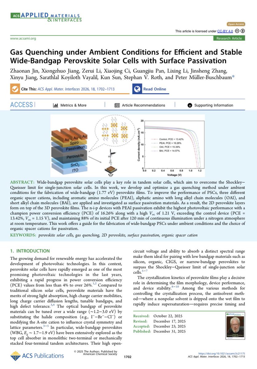 muller_group's tweet image. Zhaonan Jin et al in ACS Applied Materials &amp;amp; Interfaces (@ACS_AMI):  #Gas #quenching under ambient conditions for #efficient and #stable #wide-bandgap #perovskite #solar cells with #surface #passivation

ACS Appl. Mater. Interf. 18, 1702-1713 (2026)

doi.org/10.1021/acsami…