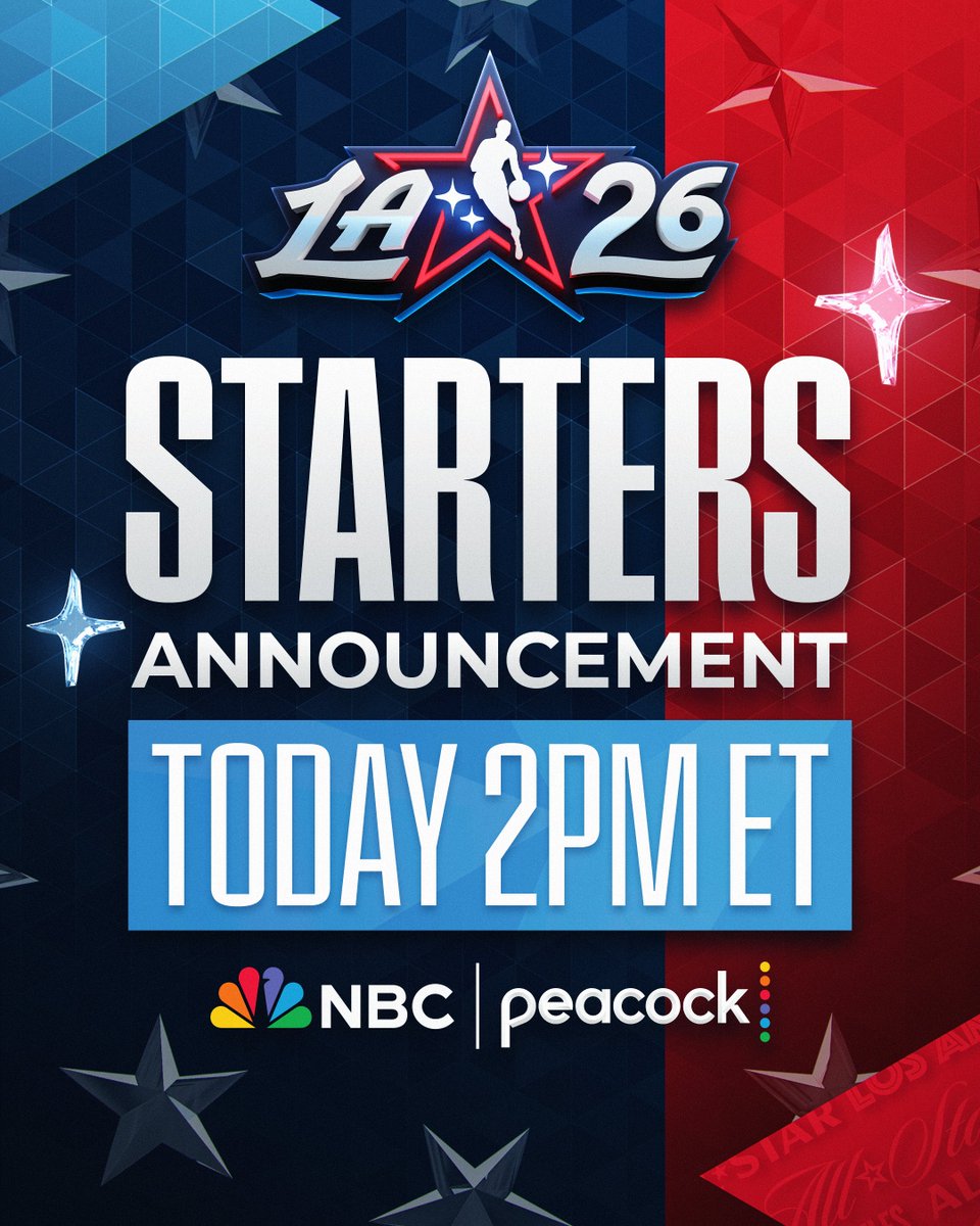 NBA's tweet image. NBA All-Star 2026 Starters will be announced TODAY!

1:00pm/et on Peacock: Bucks/Hawks
2:00pm/et on NBC/Peacock: Starters Announcement
2:30pm/et on NBC/Peacock: Thunder/Cavaliers
5:00pm/et on NBC/Peacock: Mavericks/Knicks
8:00pm/et on NBC/Peacock: Celtics/Pistons