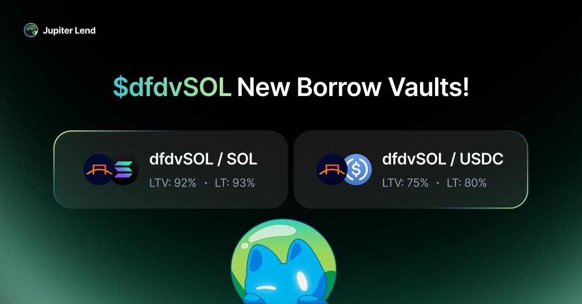 jup_lend's tweet image. BREAKING: A new asset is now LIVE across Jupiter Lend.

Borrow SOL against your @defidevcorp dfdvSOL.

Tap into LTVs up to 92%, with a liquidation threshold of 93%.

Or multiply it for amplified gains 👇