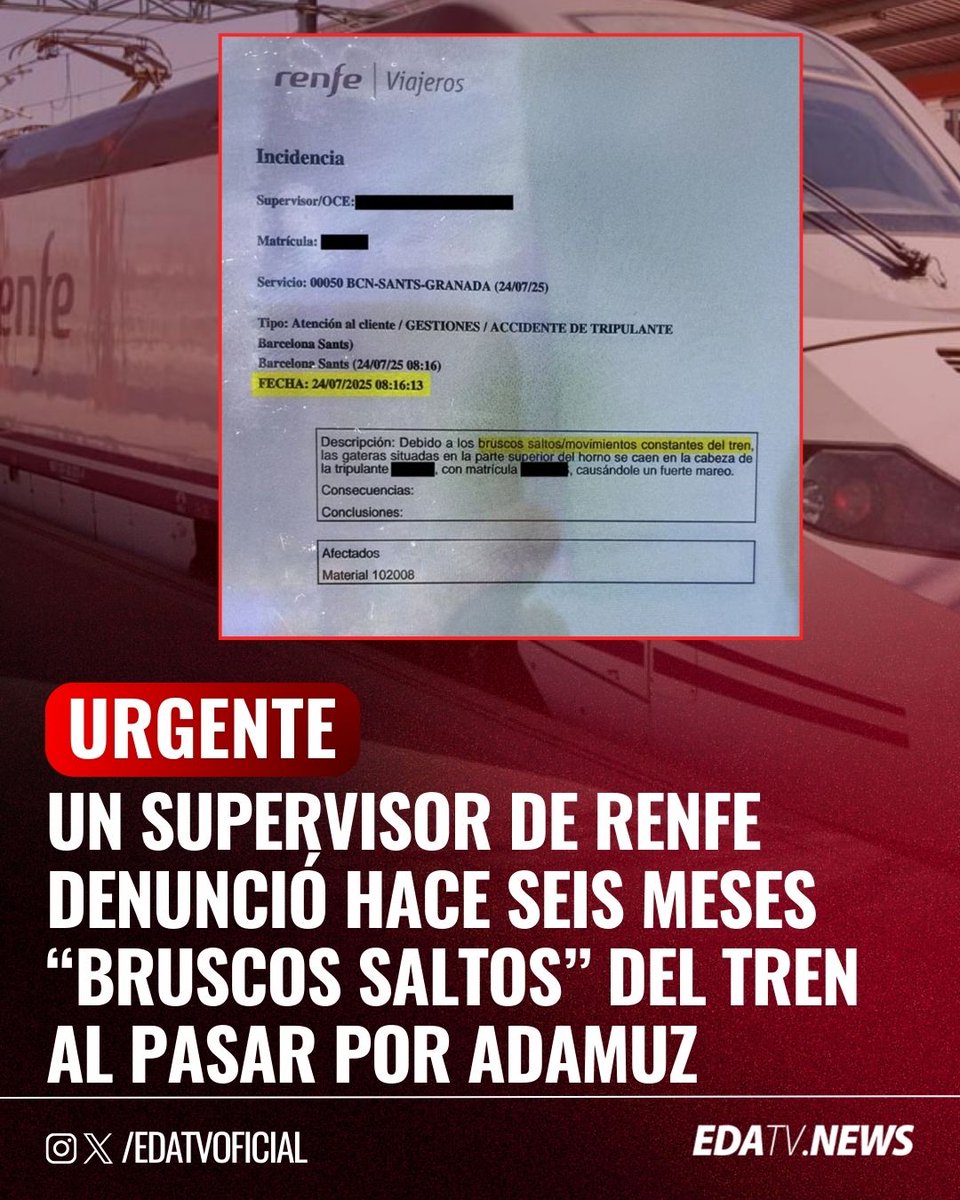 edatvoficial's tweet image. ‼️🇪🇸 | Un supervisor de Renfe denunció hace seis meses “bruscos saltos” del tren al pasar por Adamuz, el mismo punto donde ahora ha descarrilado un Iryo.