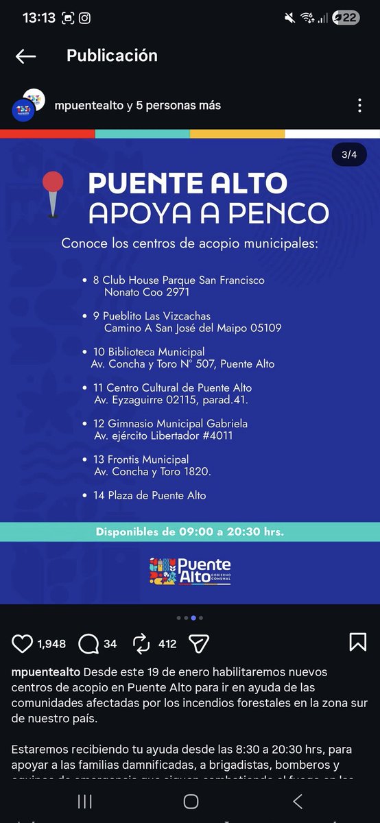 ArriaYasn's tweet photo. Gente de Puente alto. Les dejo los centros de acopio de la municipalidad. 
Los que puedan ir y ayudar se agradece, si no pueden difundir la información también es importante! 

#puentealto #IncendiosForestales https://t.co/qqQ7xGEkbn
