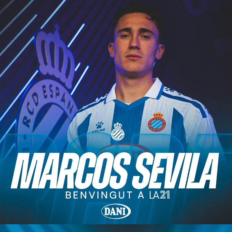 RCDE_La21's tweet photo. ✍️ OFICIAL | Marcos Sevila, perico!
El lateral esquerre arriba procedent de la @UCAMMurciaCF per reforçar el filial.
👋 Benvingut, Marcos!
#RCDE #La21