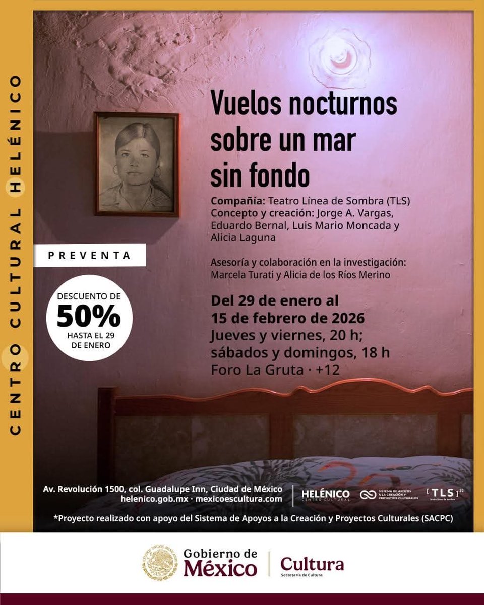 Hola, te esperamos en ”VUELOS NOCTURNOS SOBRE UN MAR SIN FONDO”, una pieza de Teatro Línea de Sombra conferencia performática-documental que abre caminos, desentierra memorias y propone nuevas formas de mirar lo que creemos conocer. Foro La Gruta, Centro Cultural Helénico