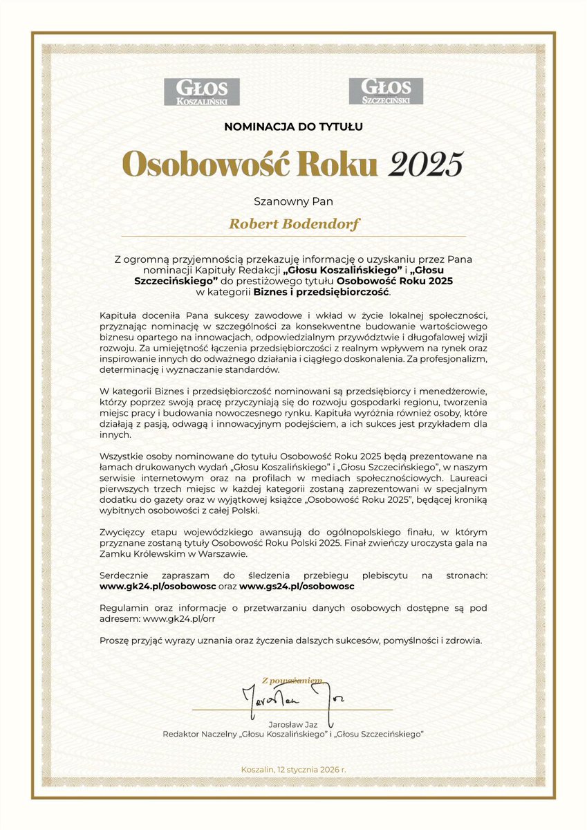 RobertBodendorf's tweet photo. I żeby nikt nie mówił, że coś jest nie tak z moją osobowością🙃.
A już zupełnie na poważnie – serdecznie dziękuję osobom, które mnie zgłosiły oraz Kapitule Redakcji @gk24_pl za przyznanie mi nominacji do tytułu Osobowość Roku 2025 w kategorii Biznes i przedsiębiorczość. https://t.co/nofRmoy4tD