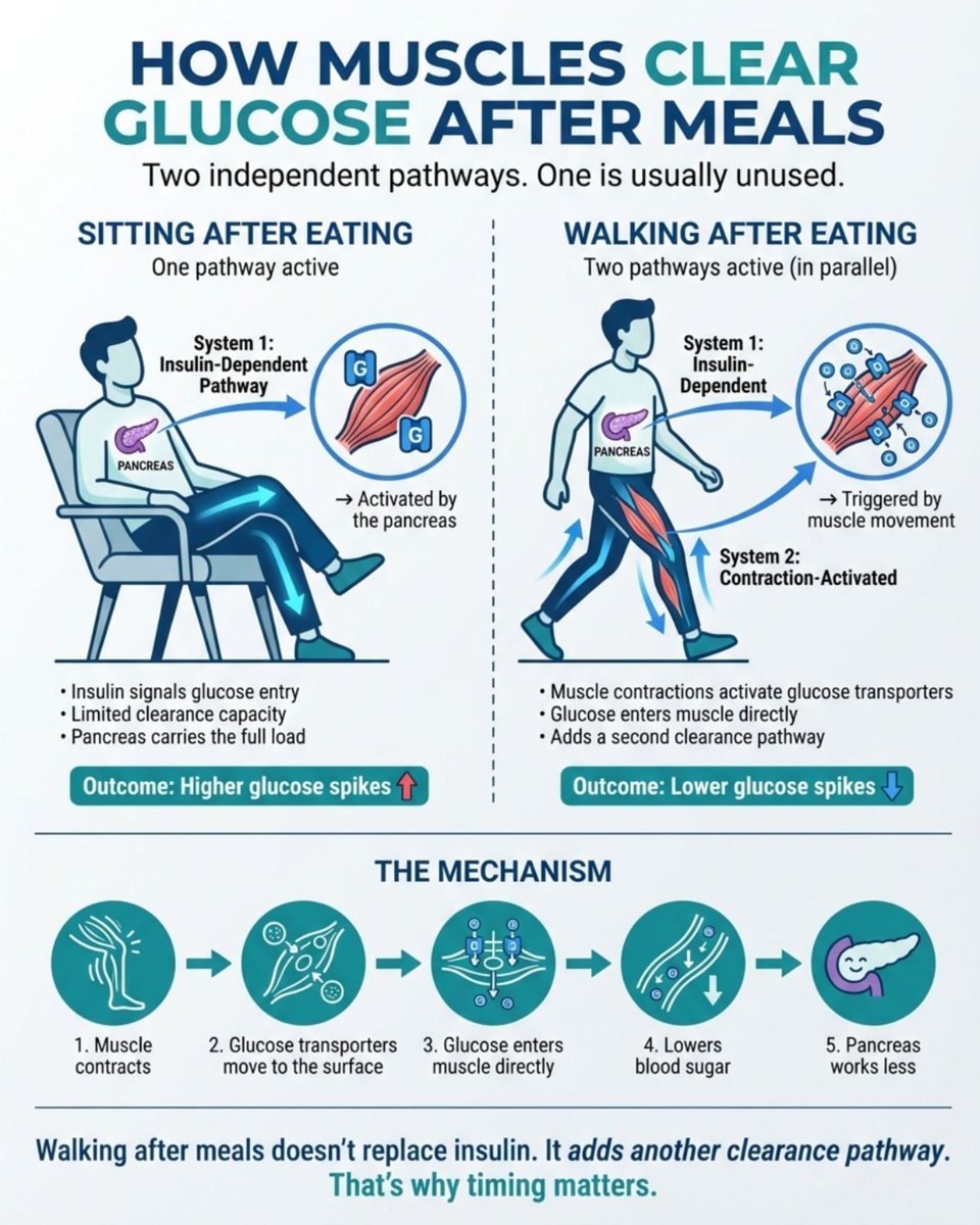 Your muscles clear glucose in two different ways after a meal.
Most people only use one.

When you sit after eating, glucose disposal depends almost entirely on insulin signaling from the pancreas. That pathway works, but it has limited capacity, which is why post-meal glucose