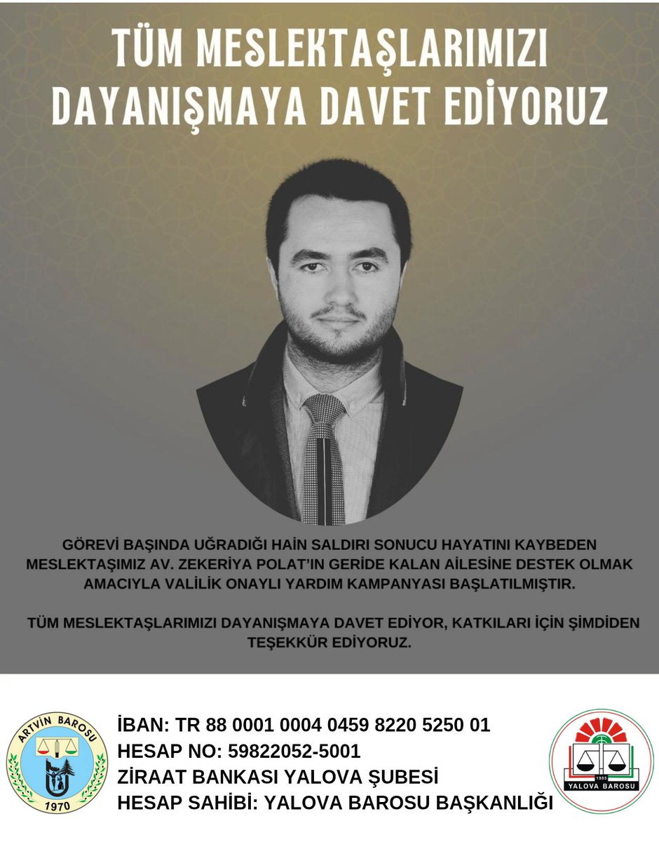 artvinbaro's tweet photo. Tüm Meslektaşlarımızı dayanışmaya davet ediyoruz. 
İBAN: TR 88 0001 0004 0459 8220 5250 01
HESAP NO: 59822052-5001
ZİRAAT BANKASI YALOVA ŞUBESİ
HESAP SAHİBİ: YALOVA BAROSU BAŞKANLIĞI https://t.co/FReqyc6uLn